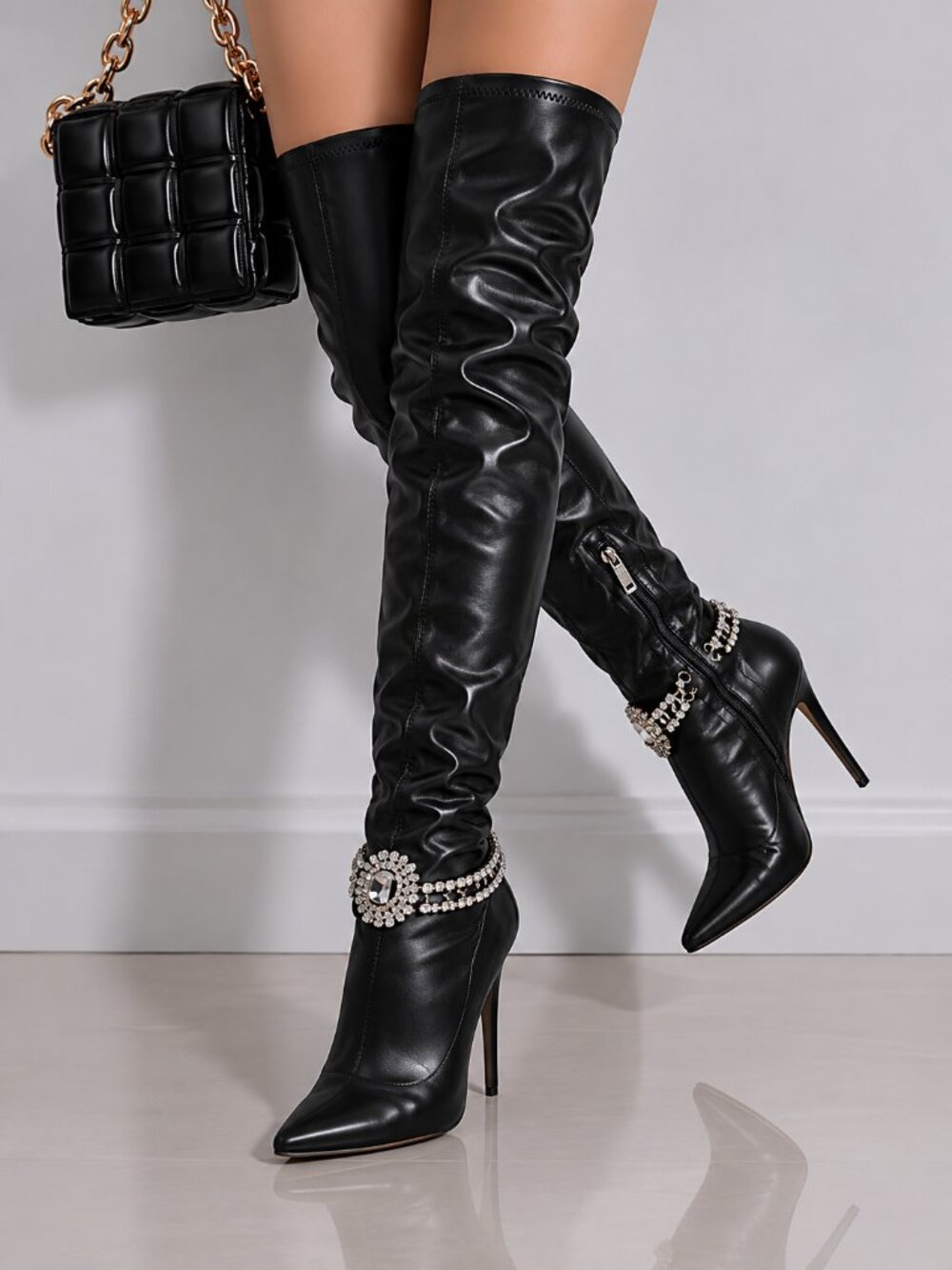 Lawless Black Stretch Leatherette Rhinestone Ankle Bracelet Stiletto…